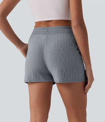 Mid Rise Drawstring Cable Knit Casual Shorts 3'' with Pockets