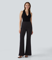 High Waisted Side Zipper Pocket Sparkle Casual Flare Pants
