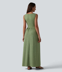 U-neck Sleeveless Crossover Maxi Casual Flowy Dress with Pockets