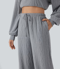 High Waisted Drawstring Cable Knit Casual Pants with Pockets