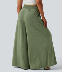 High Waisted Shirred Flowy Baggy Pants with Pockets