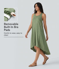 Racerback Built-in Bra High Low Flowy Midi Dress with Pockets