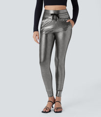 SoftlyZero™ Faux Leather High Waisted Drawstring Pocket Sparkle Foil Print Stretchy Joggers