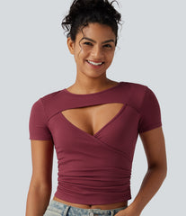 Ribbed Knit Round Neck Cut Out Short Sleeve Ruched Casual T-Shirt