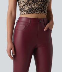 High Waisted Stretchy PU Bootcut Casual Pants with Pockets