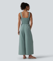 Square Neck Shirred Linen-Feel Jumpsuit-Easy Peezy Edition