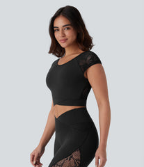 SoftlyZero™ Contrast Lace Crossover Hem Cropped Yoga Sports Top-UPF50+