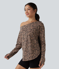 SoftlyZero™ Leopard Print One Shoulder Long Sleeve Thumb Hole Curved Hem Yoga Sports Top-UPF40+