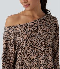 SoftlyZero™ Leopard Print One Shoulder Long Sleeve Thumb Hole Curved Hem Yoga Sports Top-UPF40+
