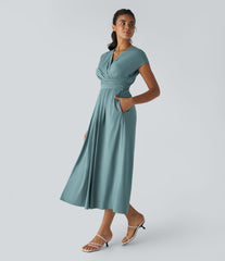 Breezeful™ V Neck Short Sleeve Pocket Tie Back Quick Dry Midi Casual Dress-Longer Length