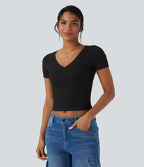 Ribbed Knit V Neck Short Sleeve Cropped Work T-Shirt