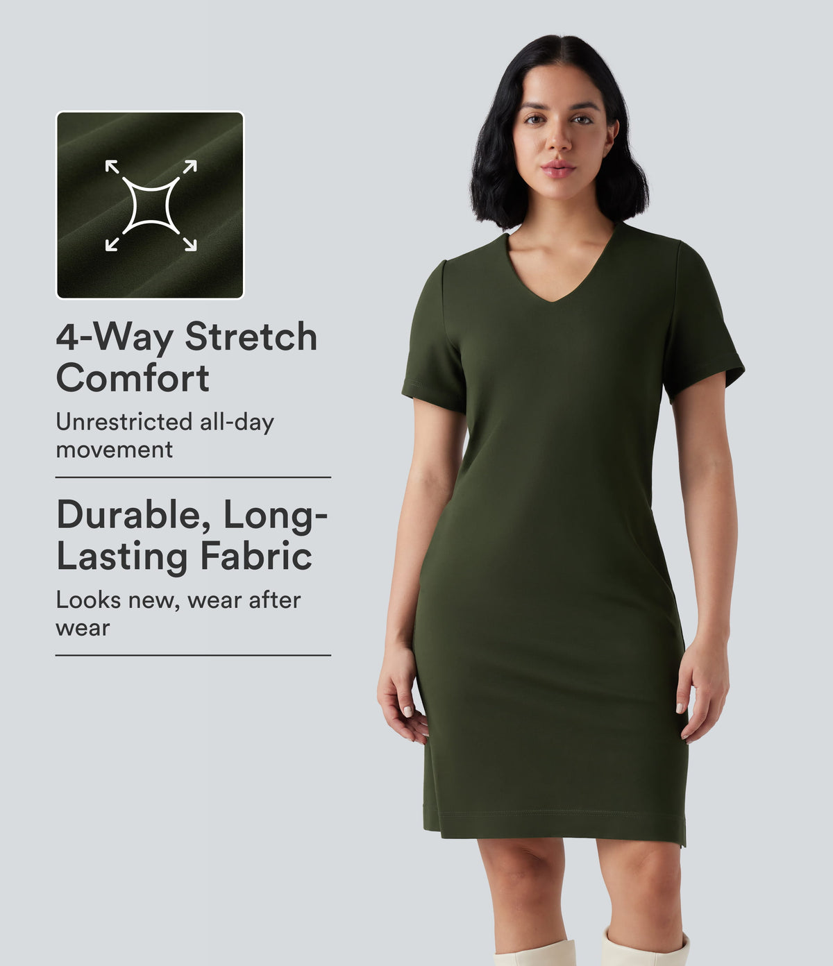 Wear-Resistant V-neck Zipper Short Sleeve Split Hem Ponte Roma Work Dress with Pockets
