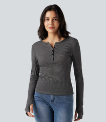 Henley Long Sleeve Thumb Holes Striped Casual T-Shirt
