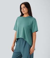 Round Neck Short Sleeve High Low Asymmetric Hem Casual Top