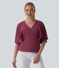 Deep V-neck Batwing Sleeve Tie-back Casual Top