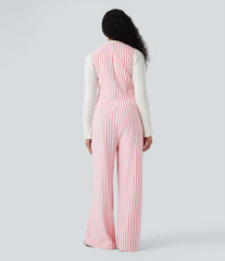U-Neck Sleeveless Stripe Waffle Casual Jumpsuit with Pockets