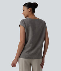 Notched Collar Sleeveless Stripe Casual Linen-Blend T-Shirt