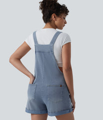 Halara Flex™ Square Neck Rolled Hem Denim Casual Short Overalls with Pockets