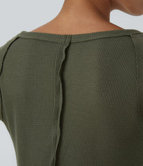 Boat Neck Raglan Sleeve Thumb Hole Hem Waffle Casual Sweatshirt Dress