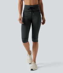 High Waisted Drawstring Stripe Pedal Pusher Yoga Leggings with Pockets