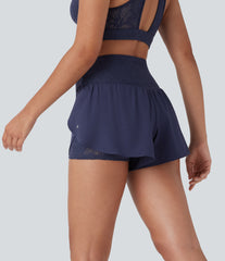 Breezeful™ High Waisted Crossover 2-in-1 Pocket Contrast Lace Quick Dry Yoga Shorts 3''
