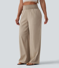 Shirred High Waisted Linen-Feel Casual Wide Leg Pants with Pockets