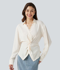 Wrinkle-Resistant V Neck Contrast Lace Long Sleeve Tie Back Twisted Work Shirt