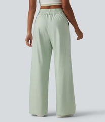 High Waisted Wide Leg Casual Cotton Linen Pants with Pockets