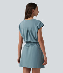 V-neck Cap Sleeve Cut Out Stretchy Poplin Casual Dress with Pockets