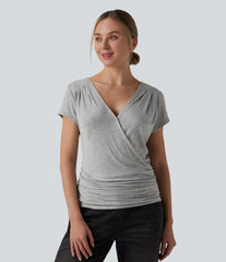 Ribbed V-neck Short Sleeve Snap Button Crossover Ruched Casual Heathered Top