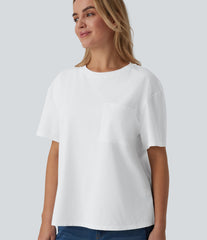 Round Neck Short Sleeve Oversize Casual Cotton T-Shirt with Pocket