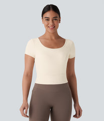 SoftlyZero™ Plush U Neck Short Sleeve Crossover Contrast Mesh Yoga Sports Top