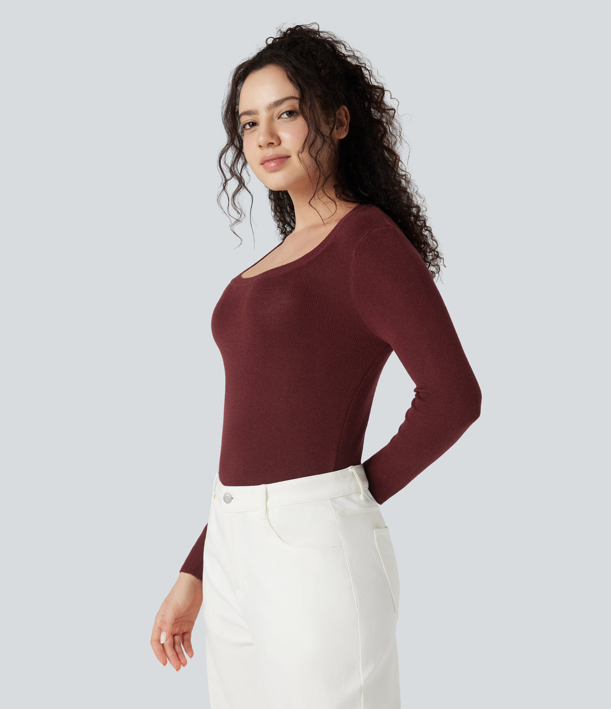 U-Neck Long Sleeve Wool-Blend Casual Sweater