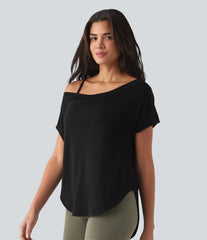 One Shoulder Short Sleeve Curved Hem High Low Built-in Bra Quick Dry Yoga Sports Top