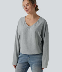 Halara Cotton Jersey V-neck Dropped Shoulder Long Sleeve Casual T-Shirt