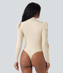 Ribbed Knit High-neck Puff Sleeve Skinny Work Bodysuit