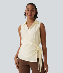 V Neck Sleeveless Wrapped Tie Side Work Shirt