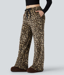 Mid Rise Drawstring Leopard Print Fleece Casual Baggy Pants with Pockets