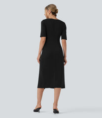 Rounded Neckline Short Sleeve Split Work Dress