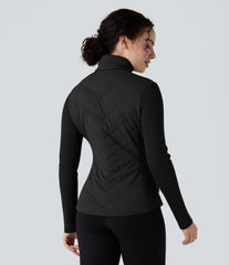 High-neck Contrast Ribbed Slim Casual Quilted Jacket with Pockets