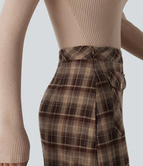 Mid Rise A-Line Plaid Midi Work Skirt with Pockets