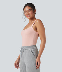 Ribbed Knit Square Neck Sleeveless Skinny Casual Bodysuit