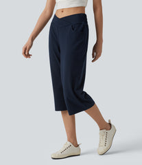 Mid Rise Crossover Wide Leg Capri Casual Pants with Pockets