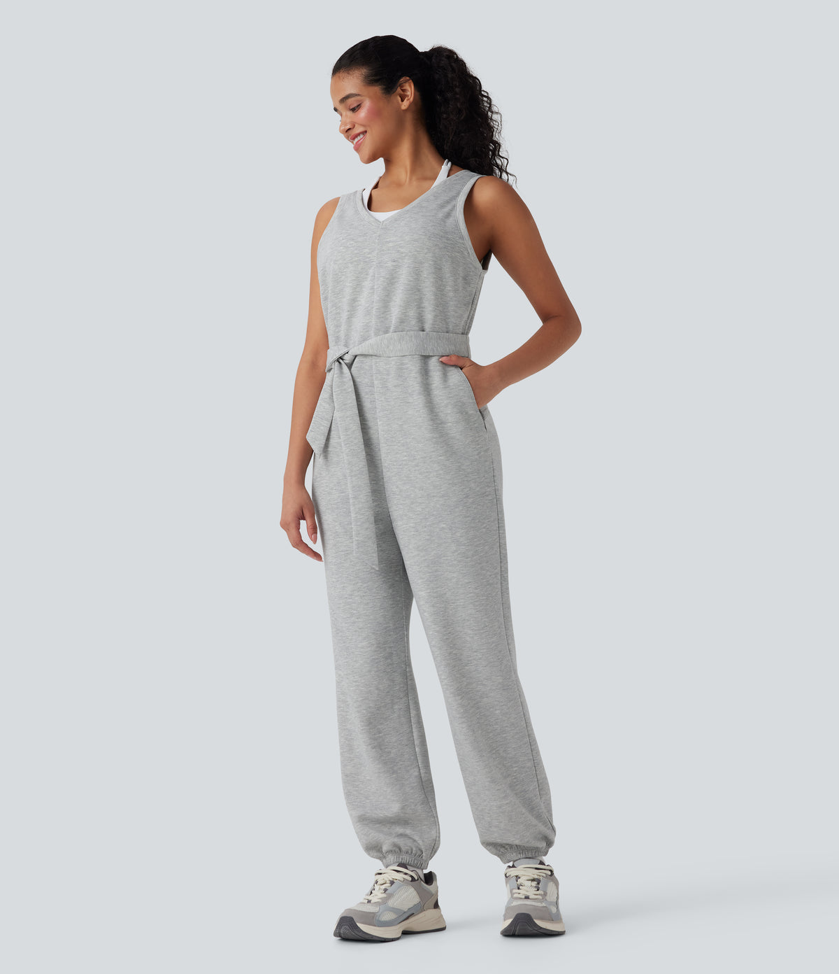 V-neck Sleeveless Belted Workout Jumpsuit with Pockets
