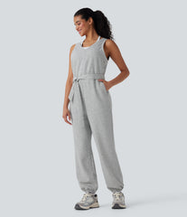 V-neck Sleeveless Belted Workout Jumpsuit with Pockets