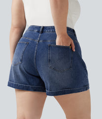 Plus Size Halara Flex™ Mid Rise Rolled Hem Denim Casual Shorts 5'' with Pockets