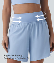 SoftlyZero™ QuickDry High Waisted Tummy Control Reflective Dots Crossover Hem 2-in-1 Running Shorts 7'' with Pockets