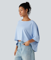 Round Neck Batwing Sleeve High Low Relaxed Casual T-Shirt
