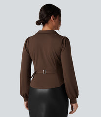 V Neck Long Sleeve Ruched Work Shirt