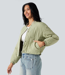 Stand Collar Long Sleeve Casual Bomber Quilted Jacket with Pockets